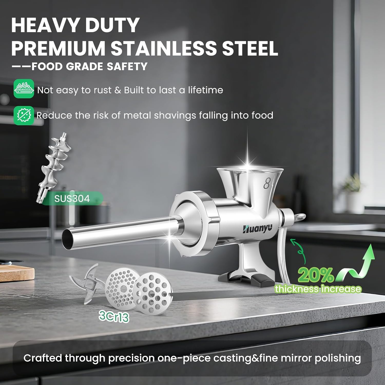 huanyu meat grinder manual - food grade 304 stainless steel with sausage stuffer and 2 grinding plates, table clamp | heavy duty for beef, chicken, pork, chili #m8