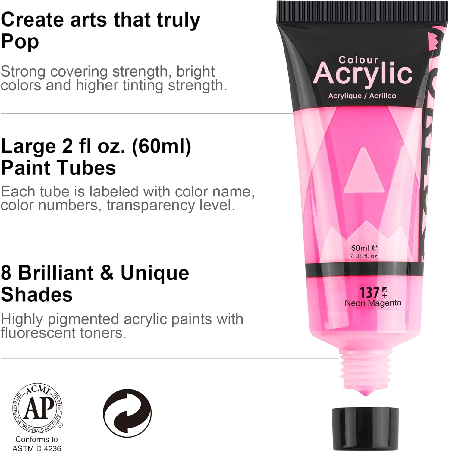 AUREUO Neon Acrylic Paint Set - 8 Fluorescent Colors 2 Fl Oz / 60ml Art Paint Tubes for Crafts Decor Rich Pigments Non-Toxic Painting Supplies for Artists Hobby Painters