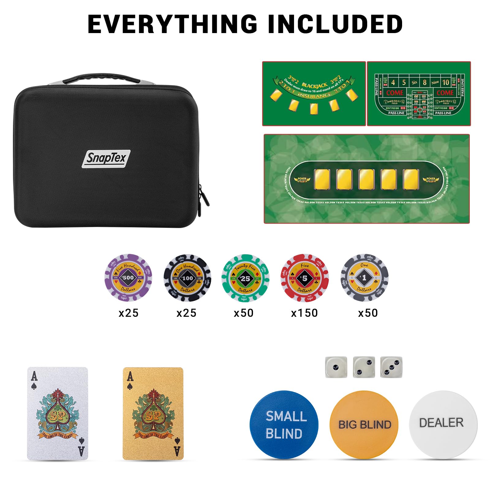 BANGZE GAMES Pro-Grade Travel Poker Kit Deluxe Edition mit 3 übergroßen Casino Filzen, 300 soliden Tonchips, leuchtenden Würfeln & wasserfesten Spielkarten in Premium EVA Hülle