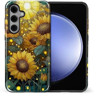 Compatible with Samsung Galaxy S25,Anti Drop Scratch Glossy Case Protective Cover-Stained Glass Stars Sunflower