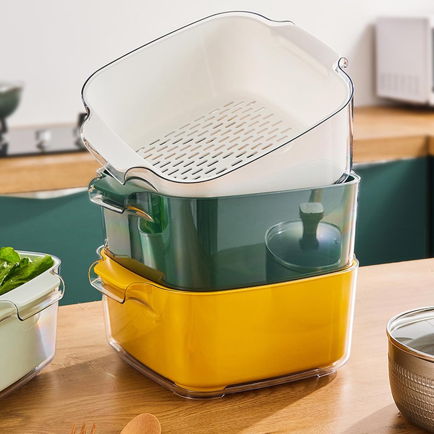 Double-layer Kitchen Drain Basket Ivory White, Multifunctional Vegetable Strainer with Removable Draining Basket, Compact Food Washer for Fruits and Rice Cleaning