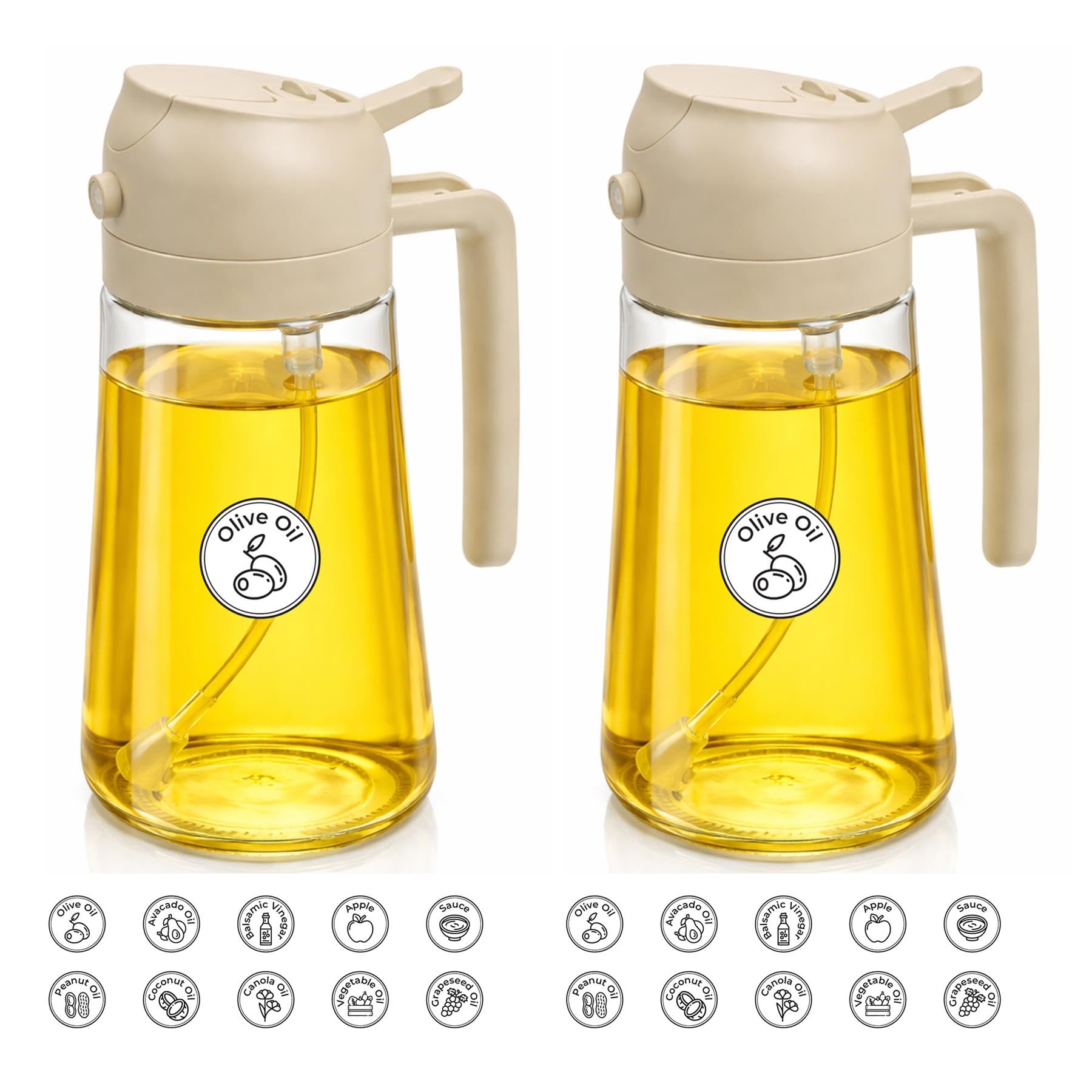 Innoteck Beige 2 Pack 2 In 1 Oil Dispenser & Oil Sprayer Bottle 470Ml/16Oz – Olive Oil Bottle Dispenser With Fine Mist Spray & Pour Control – Refillable Glass Oil Spray Bottle For Cooking, Air Fryer (Beige)