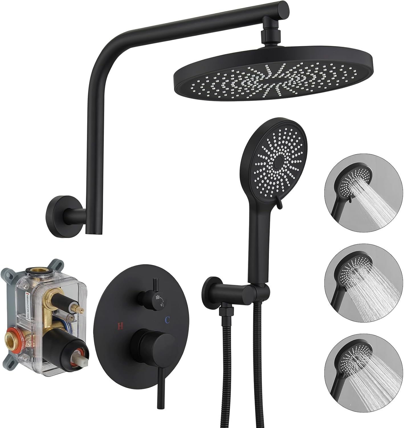 BWE Matte Black Shower System Wall Mounted Shower Faucet Set with 10 inch Rain Shower Head and 3-Setting Shower Handheld Spray Bathroom Shower Fixtures with Shower Valve and Trim Kit