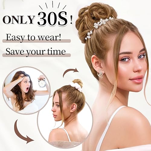 Miniatura 9 de HDM - Moño alborotado, pieza de cabello con banda elástica de goma, extensiones de pelo sintético, extensiones de pelo con goma elástica para mujer