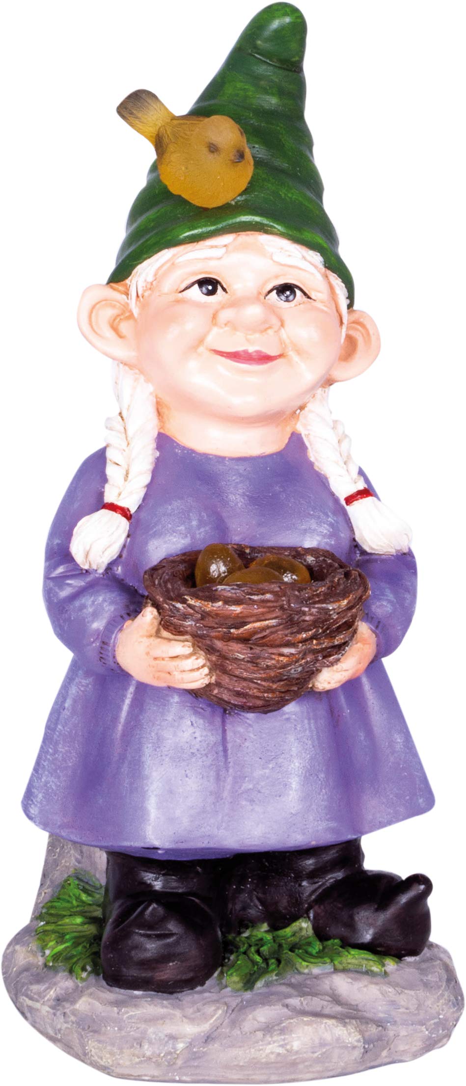 St Helens Female Gnome with Egg Basket - Purple - Solar Powered Garden Ornament - Resin - Waterproof
