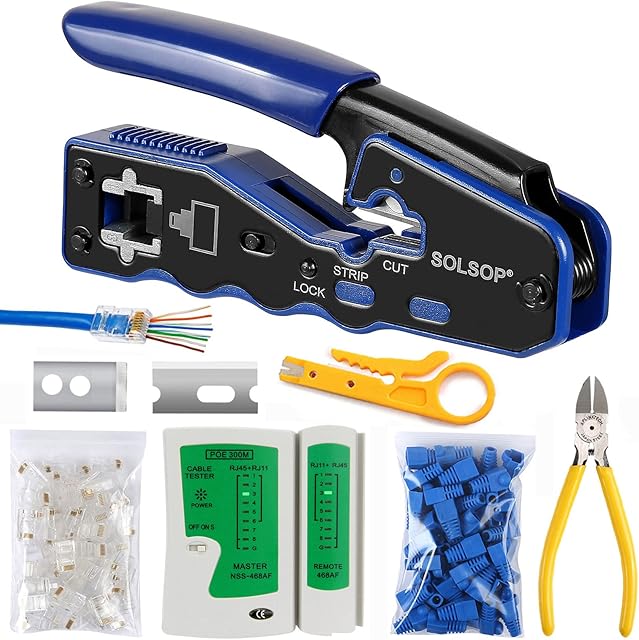 Solsop Network/Phone Cable Tester RJ45 Crimp Tool Pass Through Modular CAT6 Crimping Tool Kit, 50PCS CAT6 Pass Through Connectors, 50PCS RJ45 Boots, Mini Wire Stripper, Wire Cutter plier