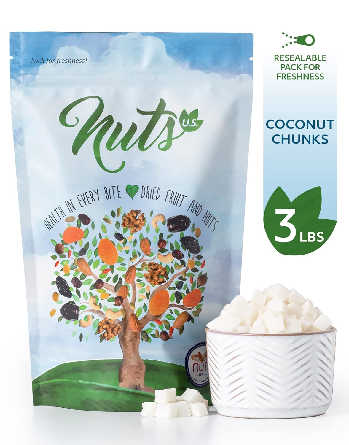 NUTS U.S. – Coconut Chunks | Sweetened |No Artificial Colors or Flavors | Refreshing and Delicious Coconut Flavor | In Resealable Bags !!! (3 LBS)