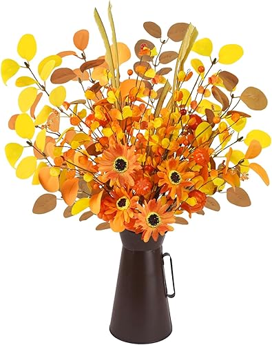 Agusbagli Flores artificiales de otoño con maceta de metal, arreglo de calabaza de otoño de 22.5 pulgadas con hojas de eucalipto, plantas de otoño