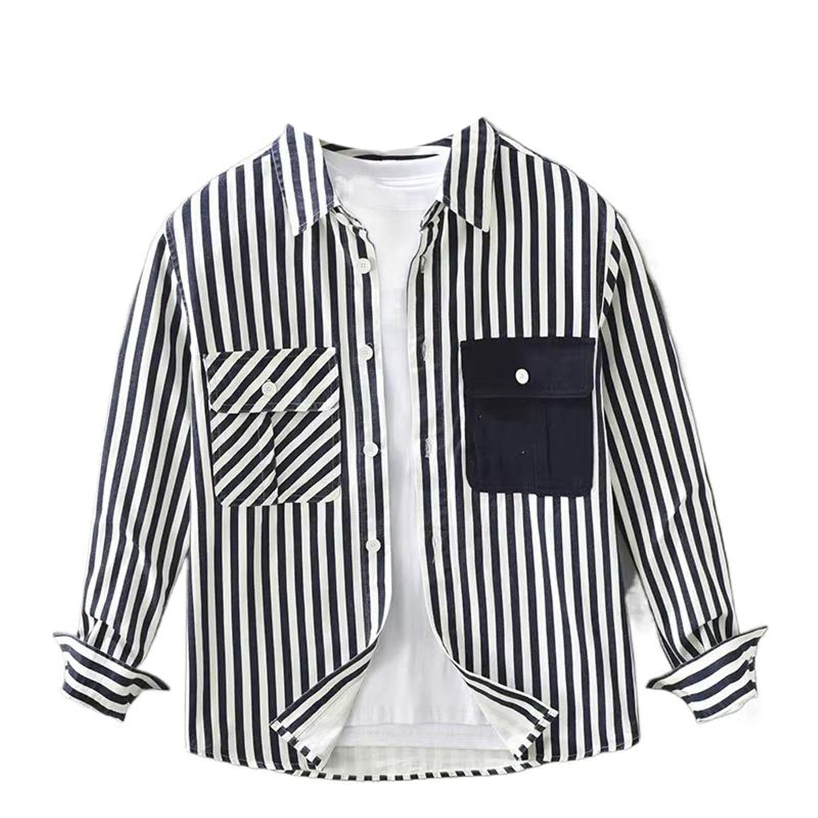 Camicetta da Uomo a Righe con Tasca a Maniche Lunghe, Top Leggero Casual Streetwear per Primavera e Autunno