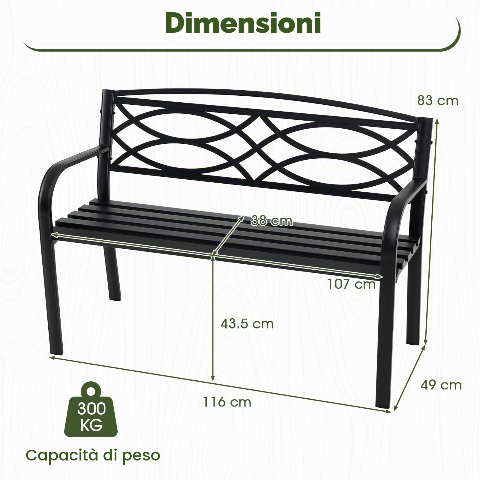 KOMFOTTEU Panca da Esterno in Metallo, Panchina da Giardino 2 Posti con Braccioli, Schienale Ergonomico e Seduta a Doghe, Resistente agli Agenti Atmosferici, Panca da Terrazza, Parco, Cortile, Nero