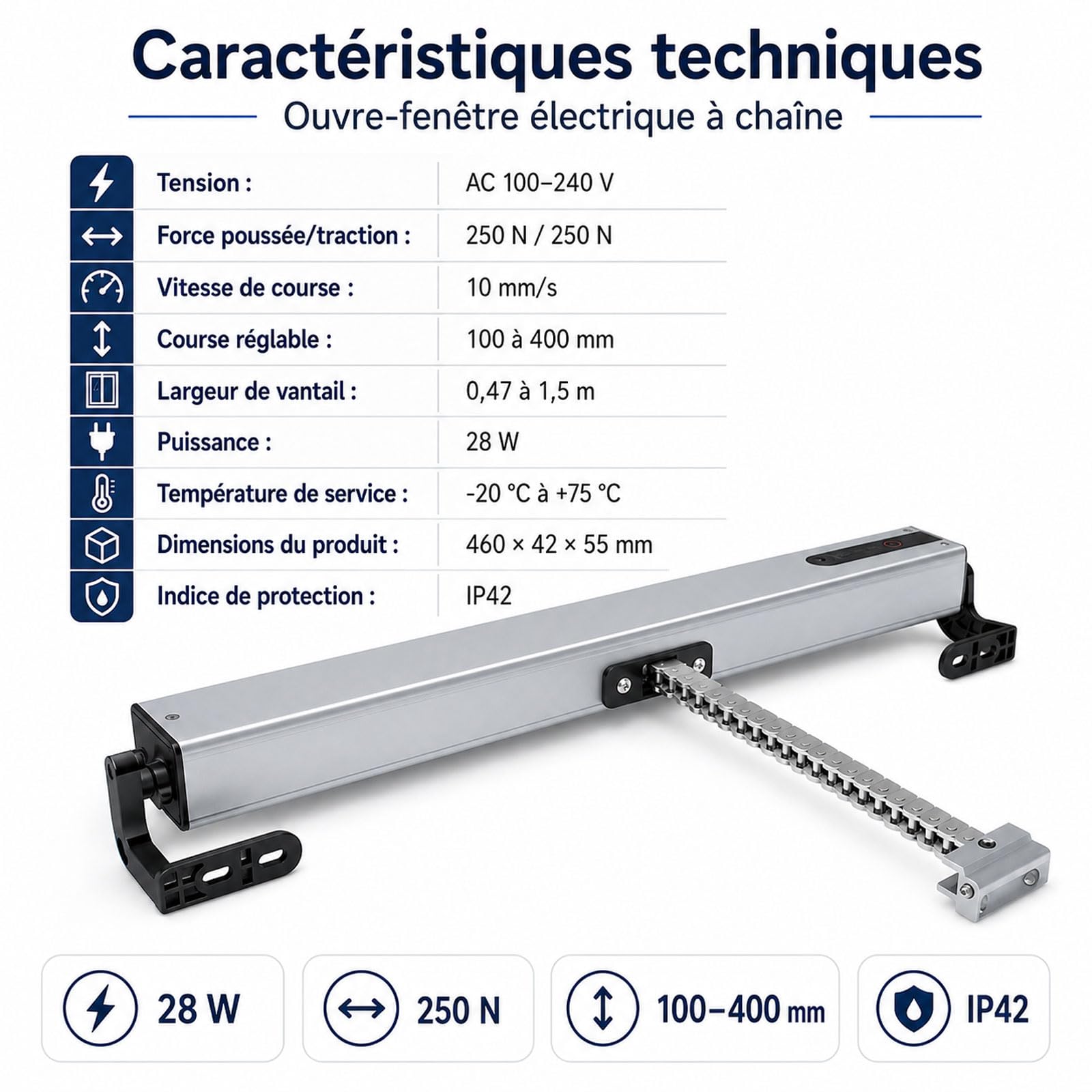 Ouvre-fenêtre Électrique, Poussoir De Fenêtre Intelligent 110-230 V, Course Réglable De 100 À 400 Mm, Avec Télécommande Et Interrupteur, Ouvre-fenêtre Silencieux À Chaîne Pour Fenêtre Suspendue, Lucar