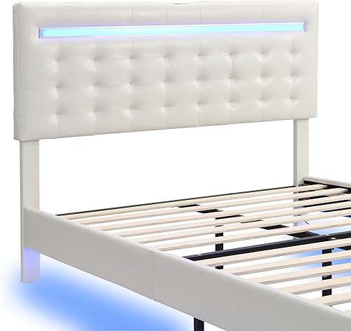 Miniatura 5 de Base de cama flotante tamaño matrimonial con luces LED y carga USB, marco de cama LED tapizado de poliuretano moderno, color blanco