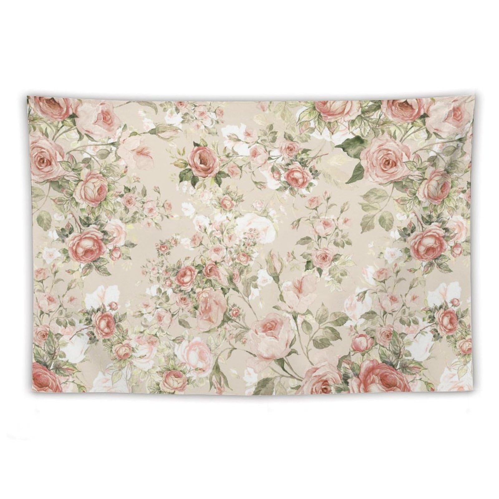AuiMzoo Lovely Rose Decorative Tapestry, Red and White Vintage Rose Floral Delicate Pattern, Bedroom Living Room Dormitory Dining Room