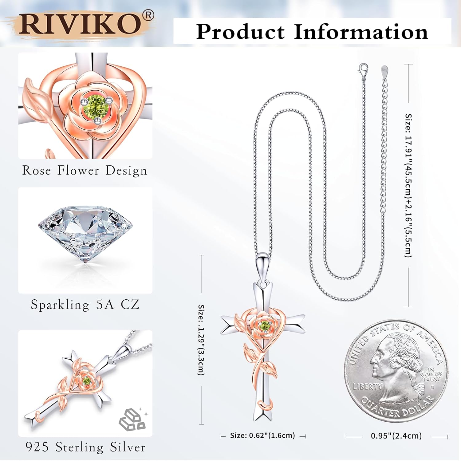 RIVIKO 925 Sterling Silver Cross Birthstone Necklace for Women Cross Rose Pendant Necklaces Trendy Christmas Valentine's Day Anniversary Jewelry Gift for Women Her Wife Girlfriends - Image 5