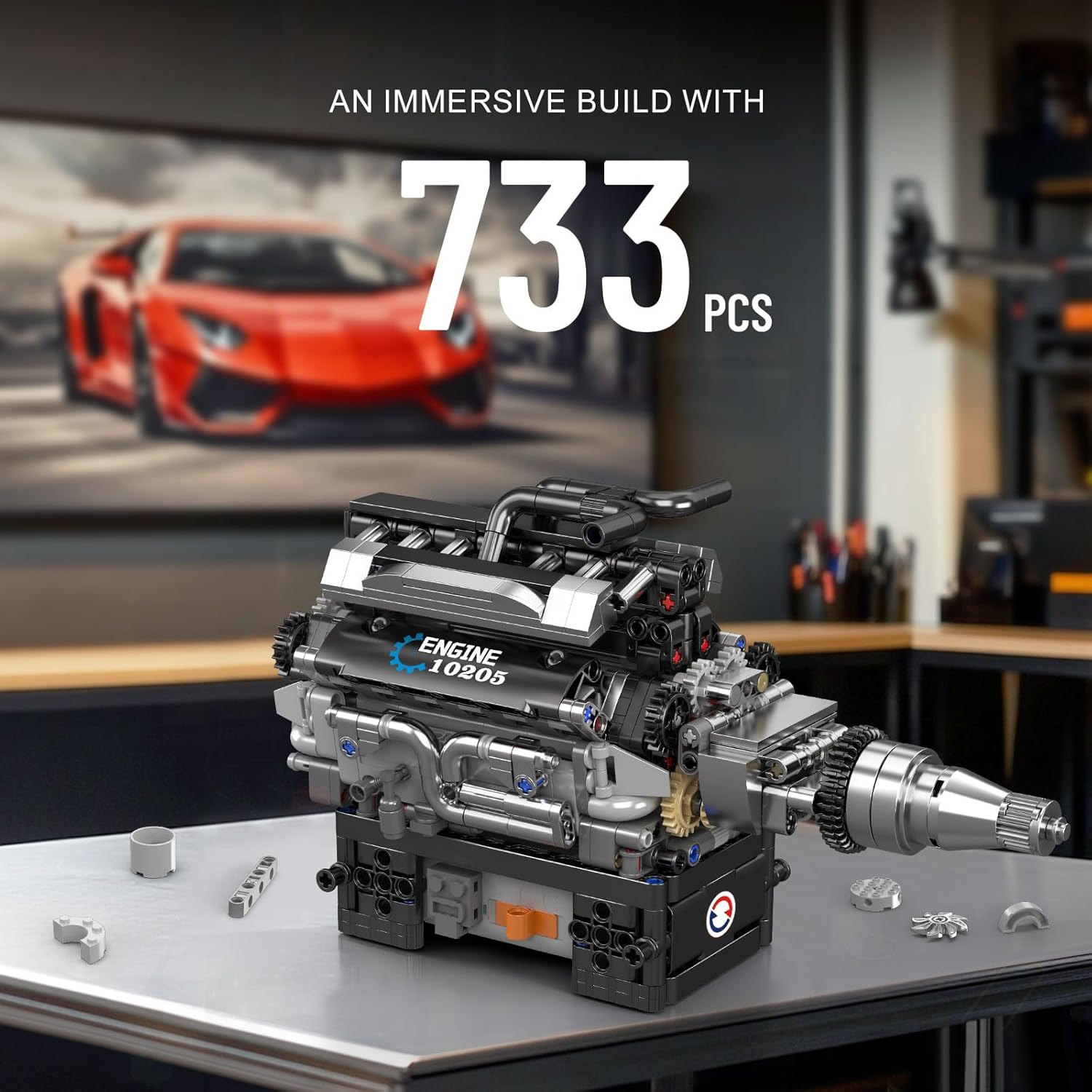 The complete V12 engine model, showcasing the 733 pieces used in its construction.