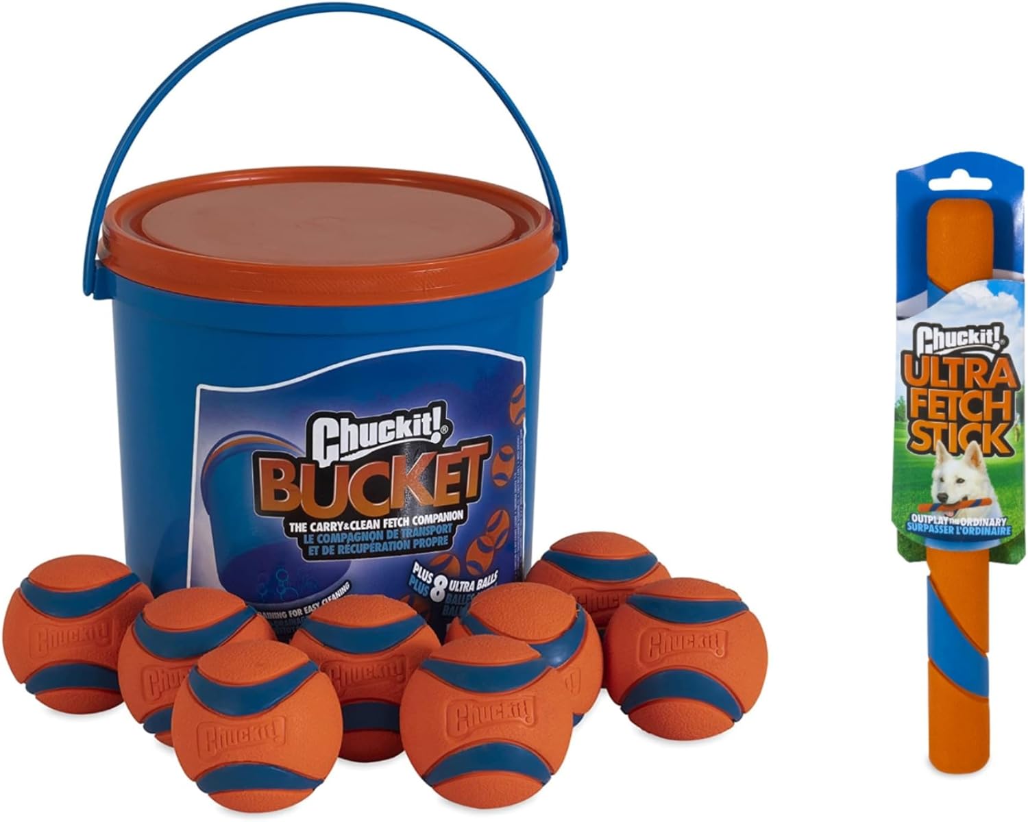 ChuckIt! Fetch Bundle with Ultra Ball Dog Toy, Medium (2.5 Inch) Pack of 8 for Breeds 20-60 lbs with Chuckit! Bucket + Ultra Fetch Stick