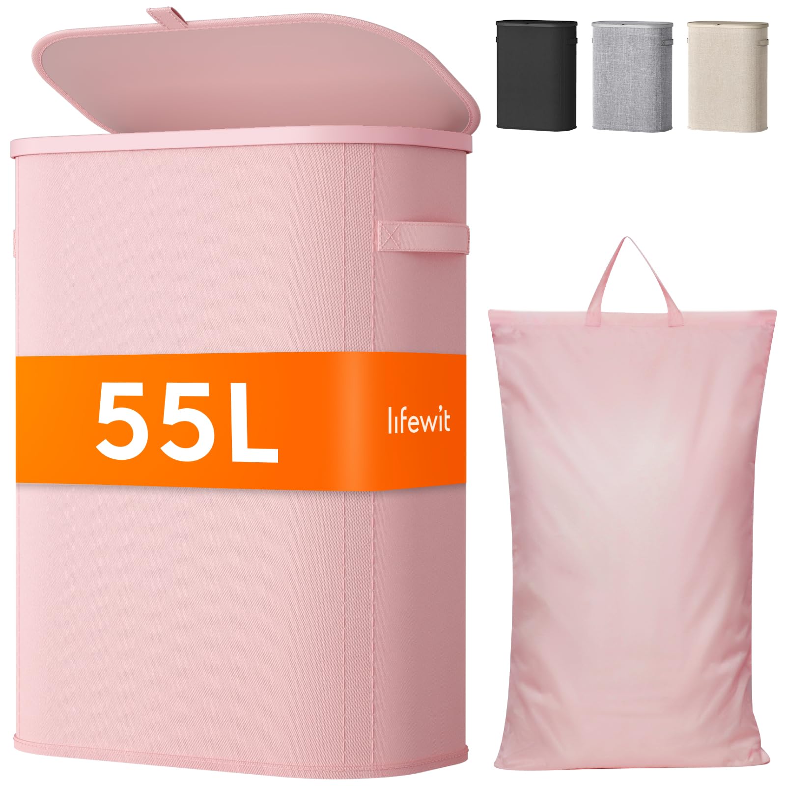 Lifewit 85L Laundry Basket with Lid, Large Laundry Hamper with Plastic Handles and Removable Bag, Foldable Tall Dirty Clothes Hampers for Laundry for Laundry Room, Bedroom, Bathroom, Dorm, Beige — view 11