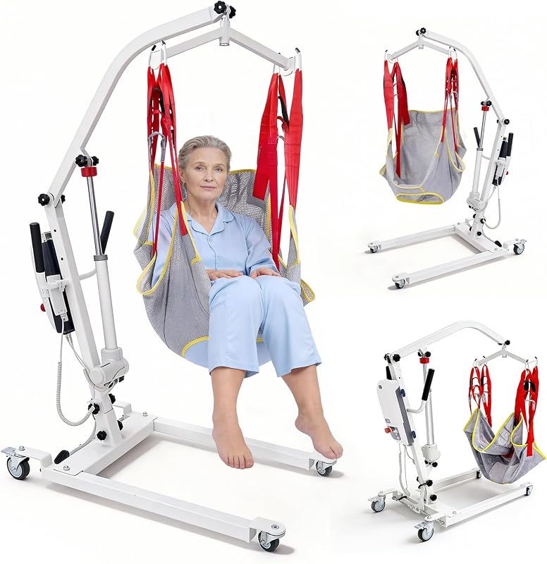 Electric Patient Lift with Commode Sling, 500 lbs Capacity, Battery-Powered Hydraulic Lift for Home and Hospital Use, Low Base Design, Includes U-Sling for Easy Patient Transfer