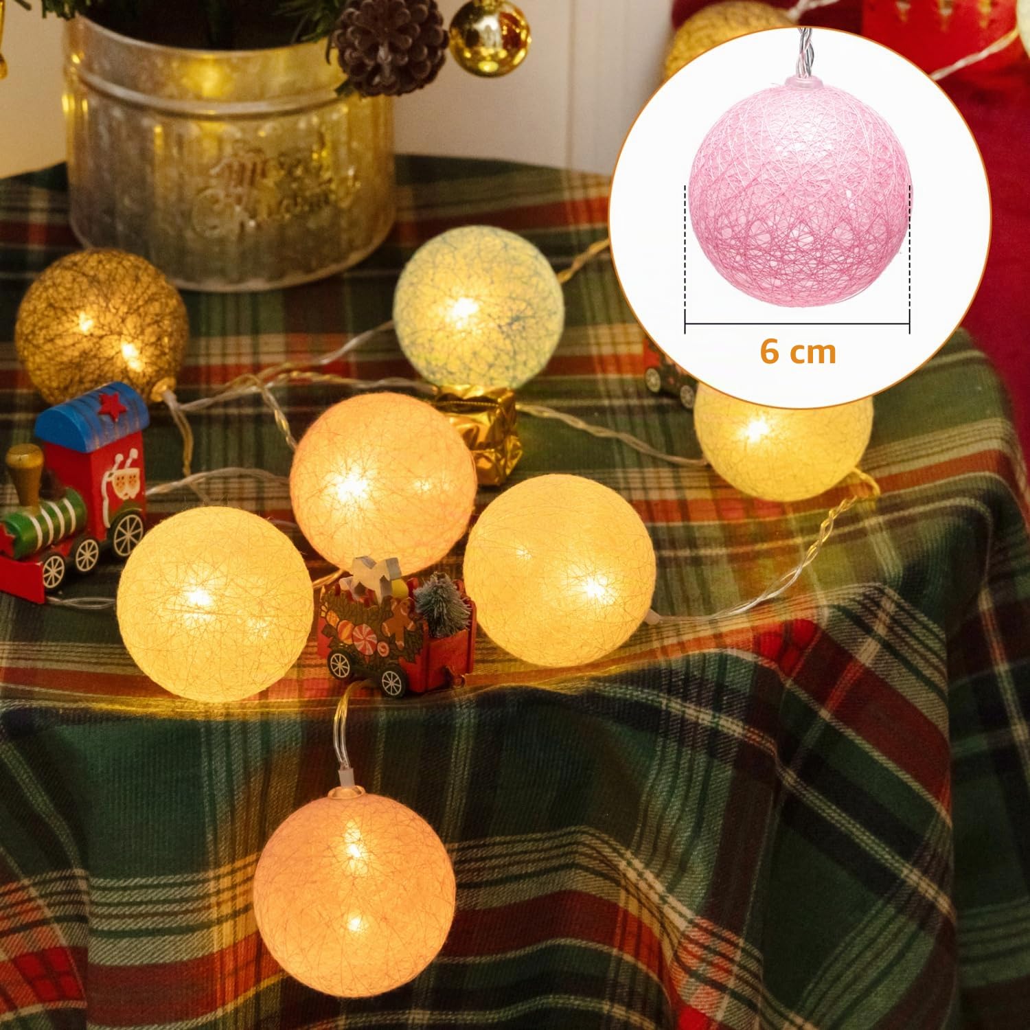 Aigostar Ghirlanda di luci a LED a batteria, 10 LED palline di cotone in 5 colori, 2,3 m, ghirlanda di luci interne, 2 modalità, per decorare la stanza, la casa, le feste, le vacanze, il matrimonio