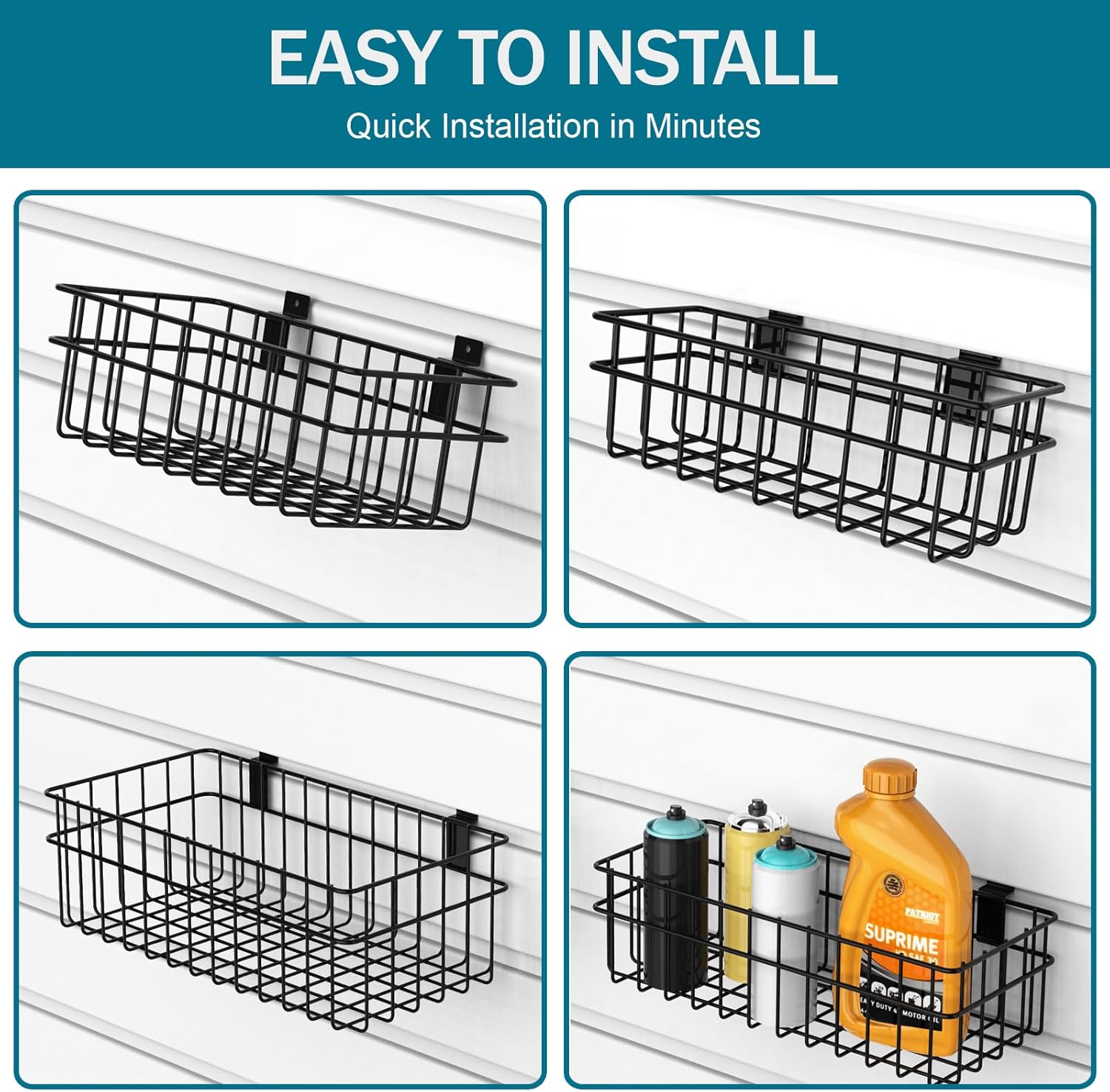 4 Pack Large Size Slatwall Baskets Set, Ventilated Metal Hanging Storage Slat Wall Basket, Mounted Slatwall Accessories for Garage Storage Organizing Display on Slatwall Panels bins (Black)