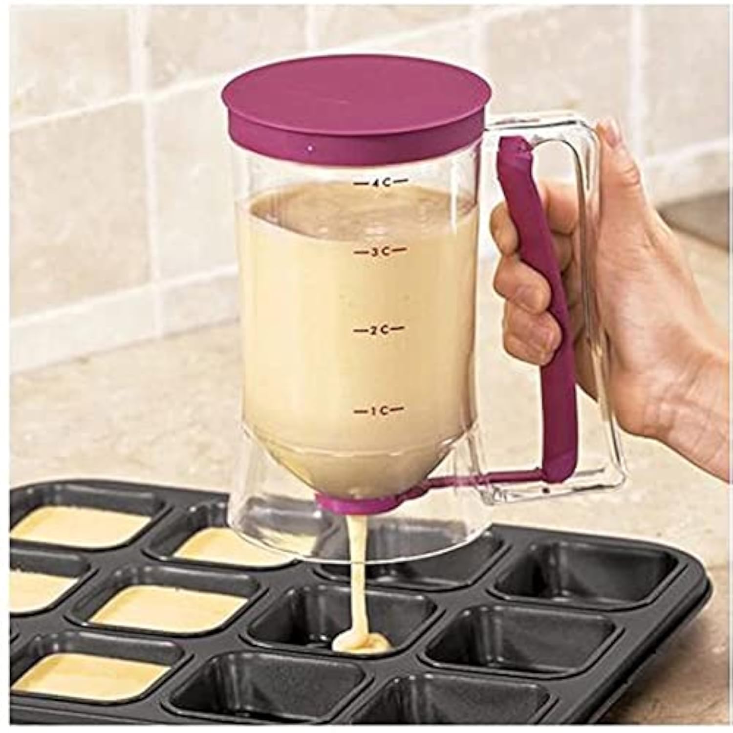 Cupcake Pancake Cookies Cream Dispenser Cake Mix Jug Baking Essentials Maker Cooking Tools Funnel Measuring cup Accessories (Purple)