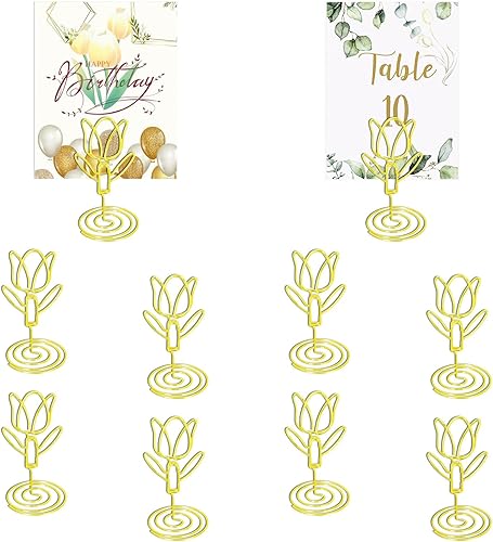 Paquete de 10 tarjeteros dorados para mesa con número de lugar, soporte para tarjetas de visita de tulipán, soporte para tarjetas de presentación de