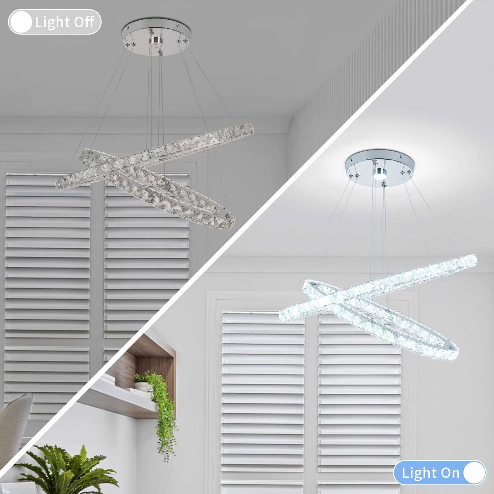 Lampadario Ovale in Cristallo da 60 cm, Lampada a Sospensione LED a 2 Anelli Bianca Fredda Illuminazione per Soffitto per Isola Cucina Sala da Pranzo Soggiorno e Camera da Letto