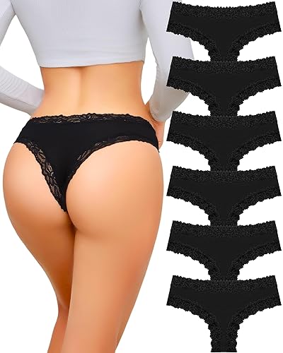 UNDER THE SEA Cotton Underwear for Women Sexy Lace Hipster Panties Low Rise Breathable Brazilian Womens Cheeky 6 Pack S-XL - Black - Large