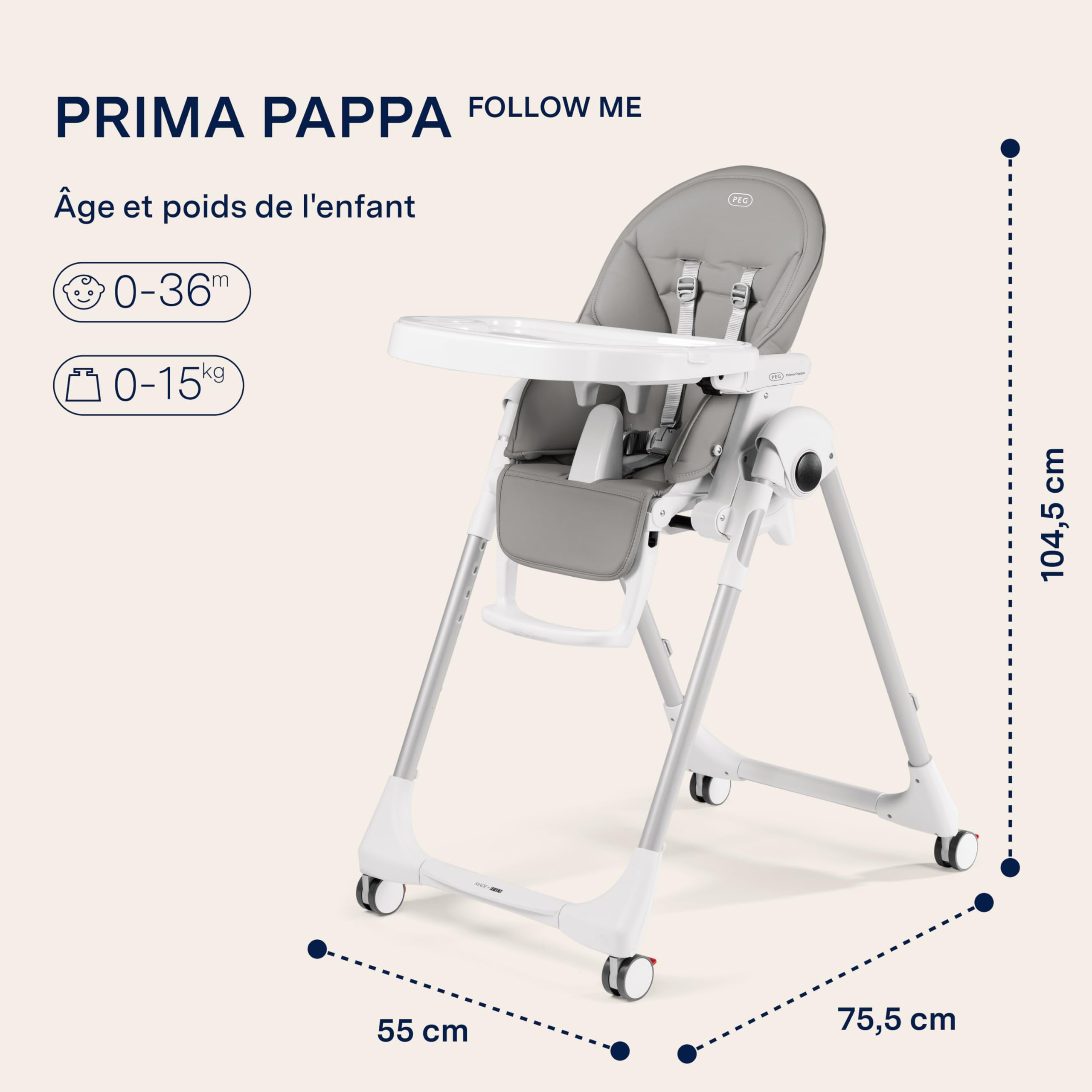 Peg Perego Prima Pappa Follow Me, Chaise Haute, Gris (ice)