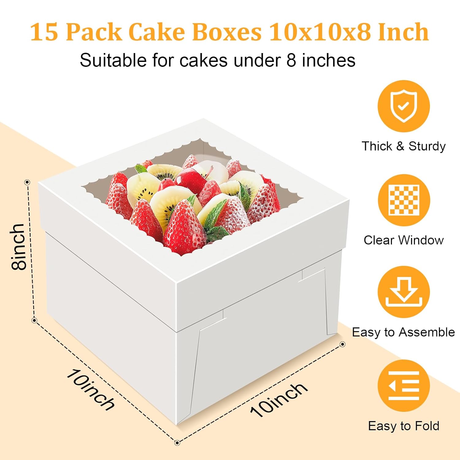15 pcs cake boxes 10 inch, 10x10x8 tall cake box, 10 inch cake box with window, white bakery boxes, large baking boxes, cajas para pasteles, 10x10 cake boxes for birthday, wedding, party, business 10x10x8 inch