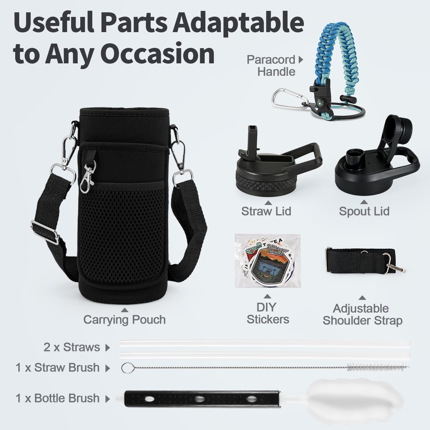 32 oz Insulated Water Bottle with Straw (Cold for 48 Hrs), Stainless Steel Triple Wall Vacuum Sports Water Jug, Leakproof Hydro Cup Flask with Paracord Handle & Straw Spout Lids & DIY Stickers - Image 7
