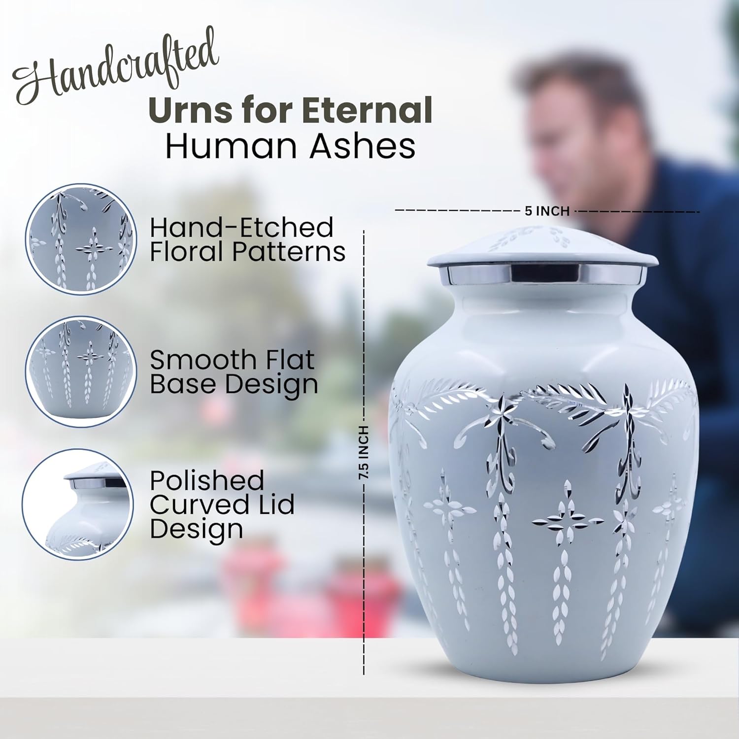 Aluminium Cremation Urn for Human Ashes Adult - Handcrafted Funeral Memorial Ash Storage Urn - Affordable Urns - Bag Included 5" x 5" x 7.5" 100 lbs, Matte White
