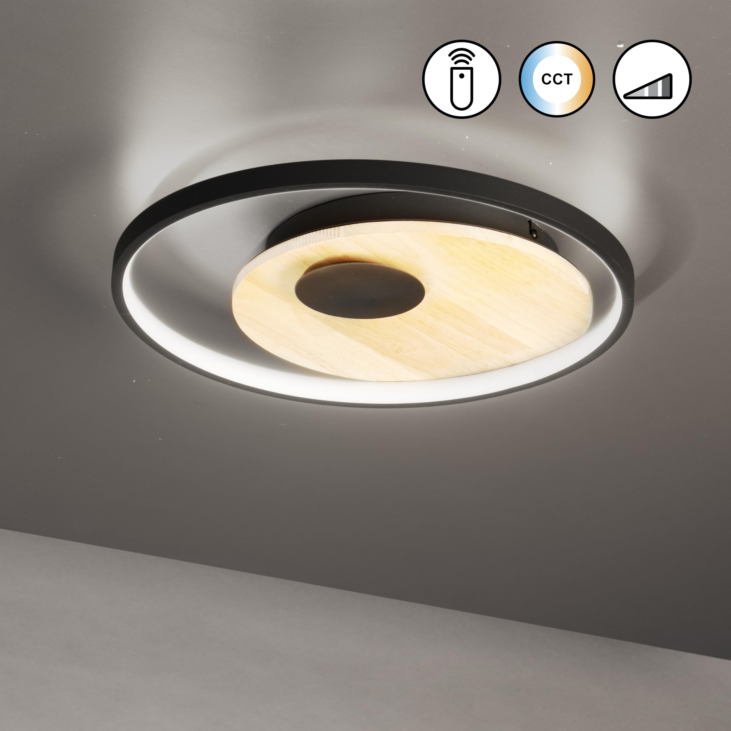Fischer & Honsel Deckenleuchte, Marit | sandschwarz, eicheoptik| D: 40cm, A: 6,5 cm| mit Fernbedienung stufenlos dimmbar| Farbtemperatur stufenlos einstellbar| 1x LED 25W 2700/6500 K inkl.| 3500 lm