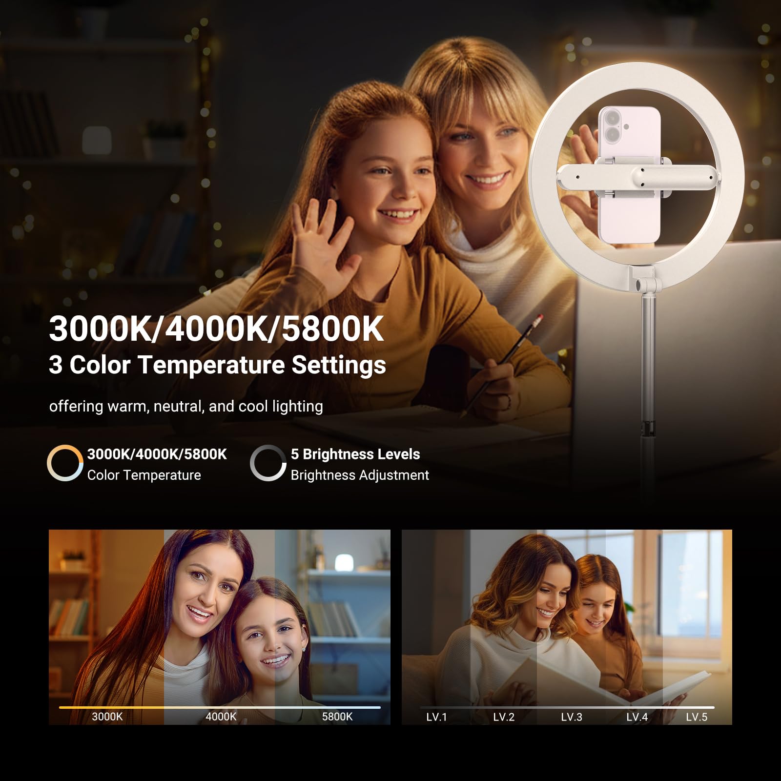 NEEWER Versión de Nivel de Entrada de 10 Pulgadas, 7 W, Anillo de luz LED con Soporte/Soporte para teléfono/3 Modos de Color, Anillo telescópico de 69 Pulgadas, iluminación para iPhone Streaming