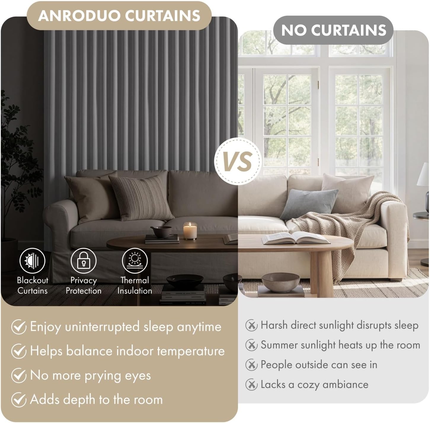 ANRODUO Rod Pocket and Back Tab Pleated Blackout Curtains with Hooks, Rings, White Curtains 84 Inches Long 2 Panels, Thermal Insulated Room Darkening Living Room Bedroom Curtain, 42x84 Inches