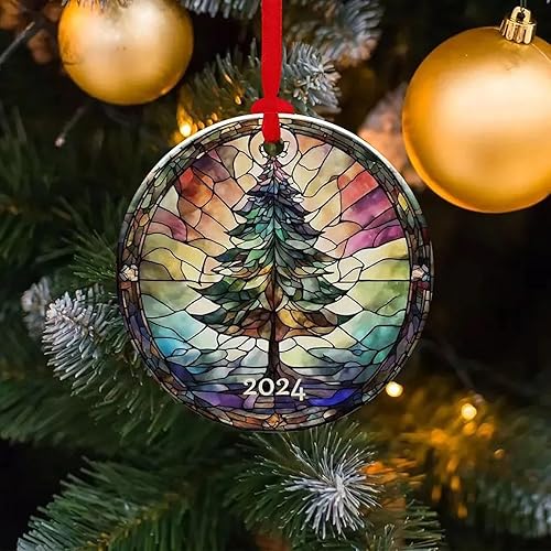 Miniatura 3 de Adorno colgante redondo de acrílico de la Navidad, estilo de vidrieras para la decoración del árbol