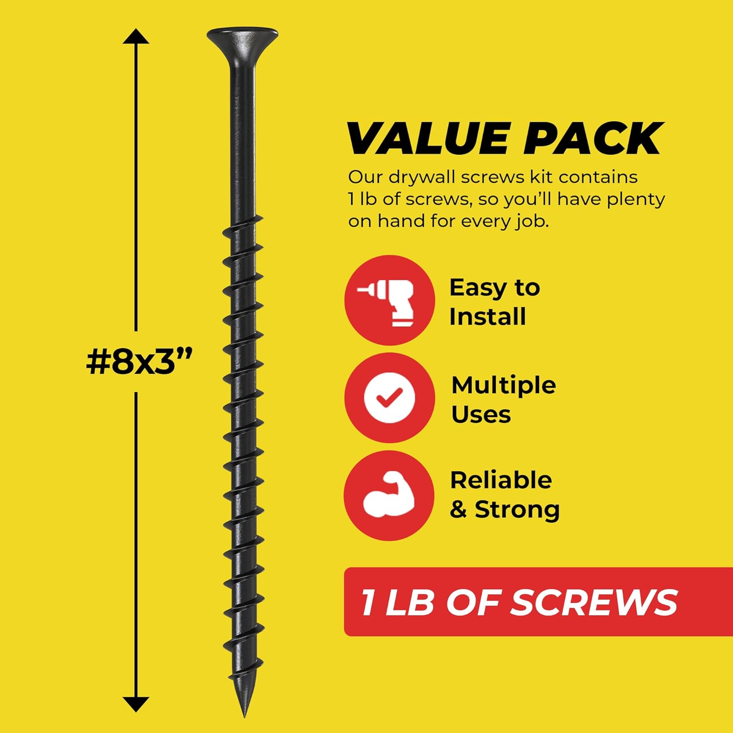 Qualihome #8 Coarse Thread Sharp Point Drywall Screw with Phillips Drive #2 Bugle Head, 1 Lb/Pound, Black, Ideal Screw for Drywall Sheetrock, Wood and More (3 Inch)