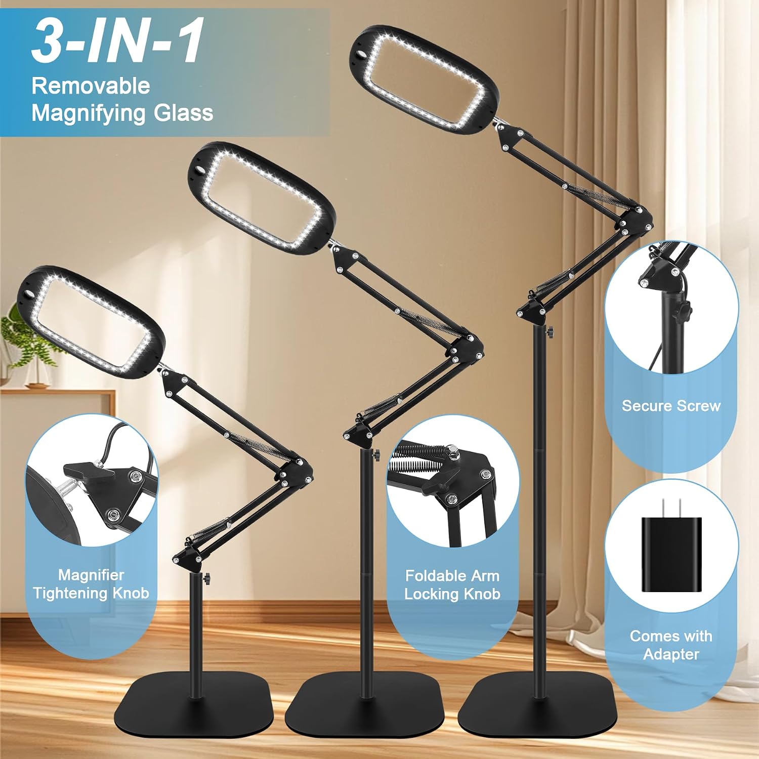 10X 30X Large Floor Magnifying Glass with Light and Stand,Heightened 3-in-1 Hands Free Magnifying Lamp for Close Work, Magnifiers for Reading Sewing, Crafts, Painting, Hobbies