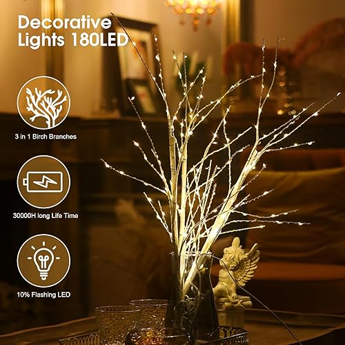 Miniatura 4 de Ramas de abedul iluminadas de 34 pulgadas con 180 luces LED y temporizador, ramas de árbol artificiales con luces de hadas blancas cálidas para