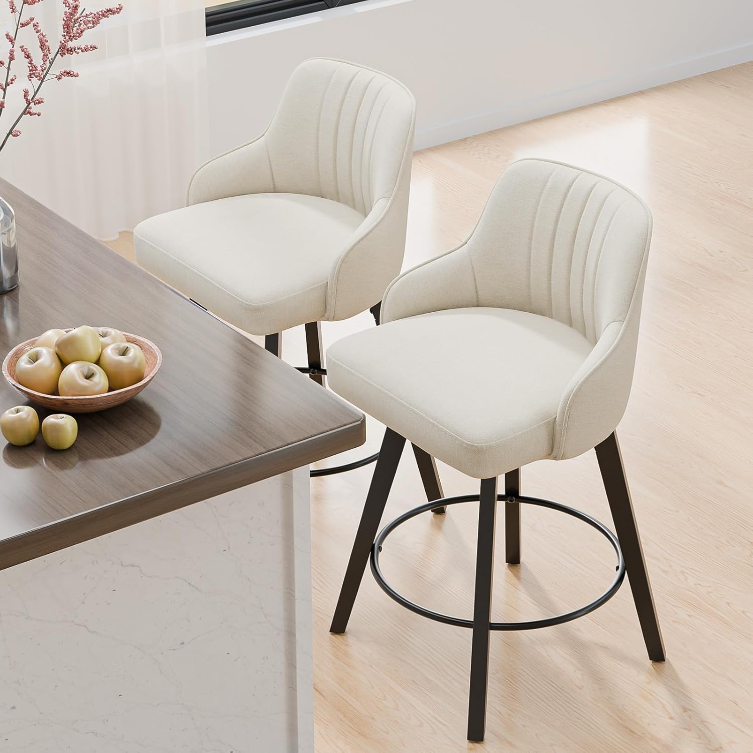 VINGLI 26" H Swivel Barstools Set of 2, Linen Fabric Upholstered Counter Stool with Back, Kitchen High Chairs Counter Height Bar stools with Cushion, Solid Wood Legs, Beige