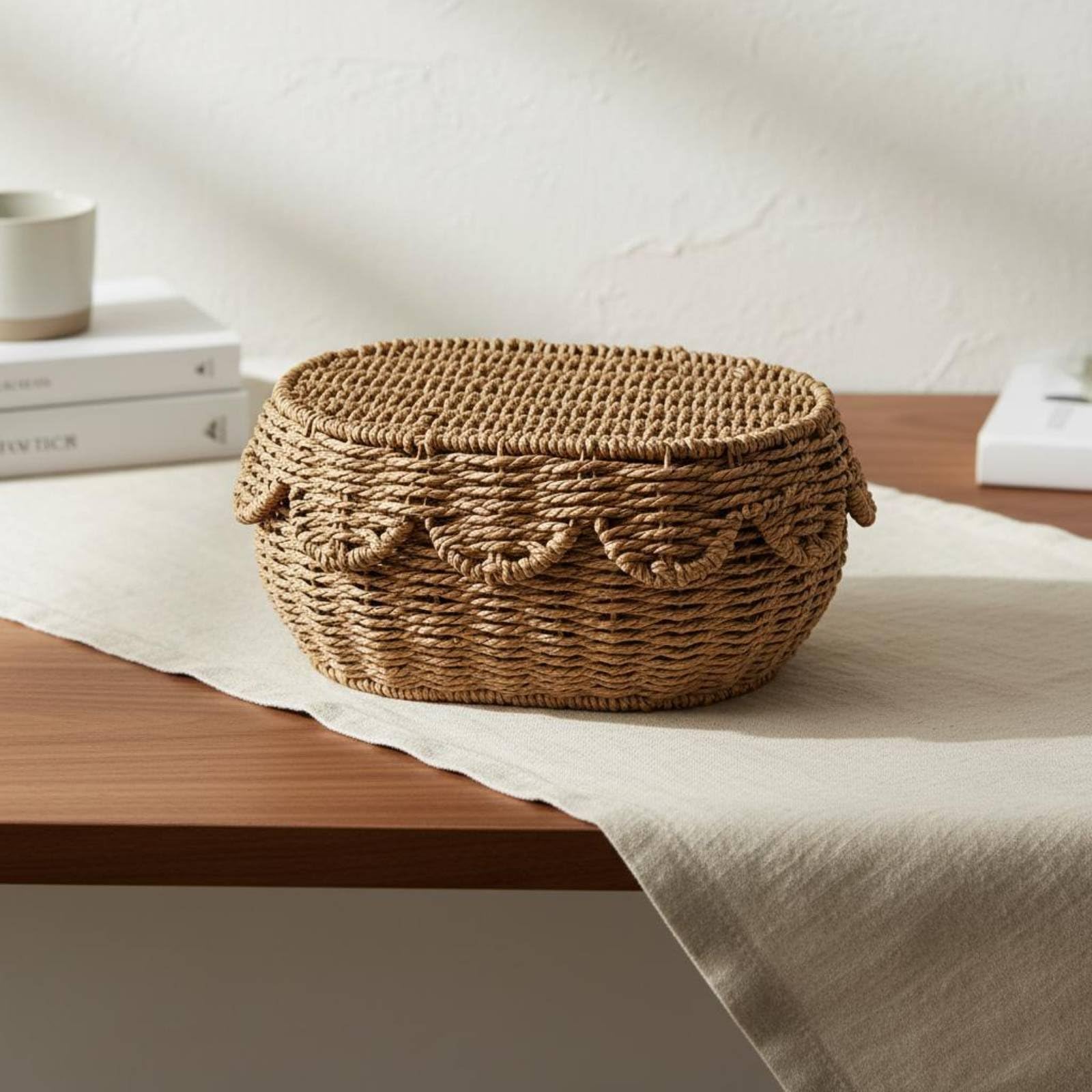 Baoblaze Cesta de Almacenamiento Tejida Caja Contenedor Organizador con Tapa de Cuerda de Papel Hecha a Mano Resistente y Ligera Adecuada para Escritorio, Grande 42x31x16cm