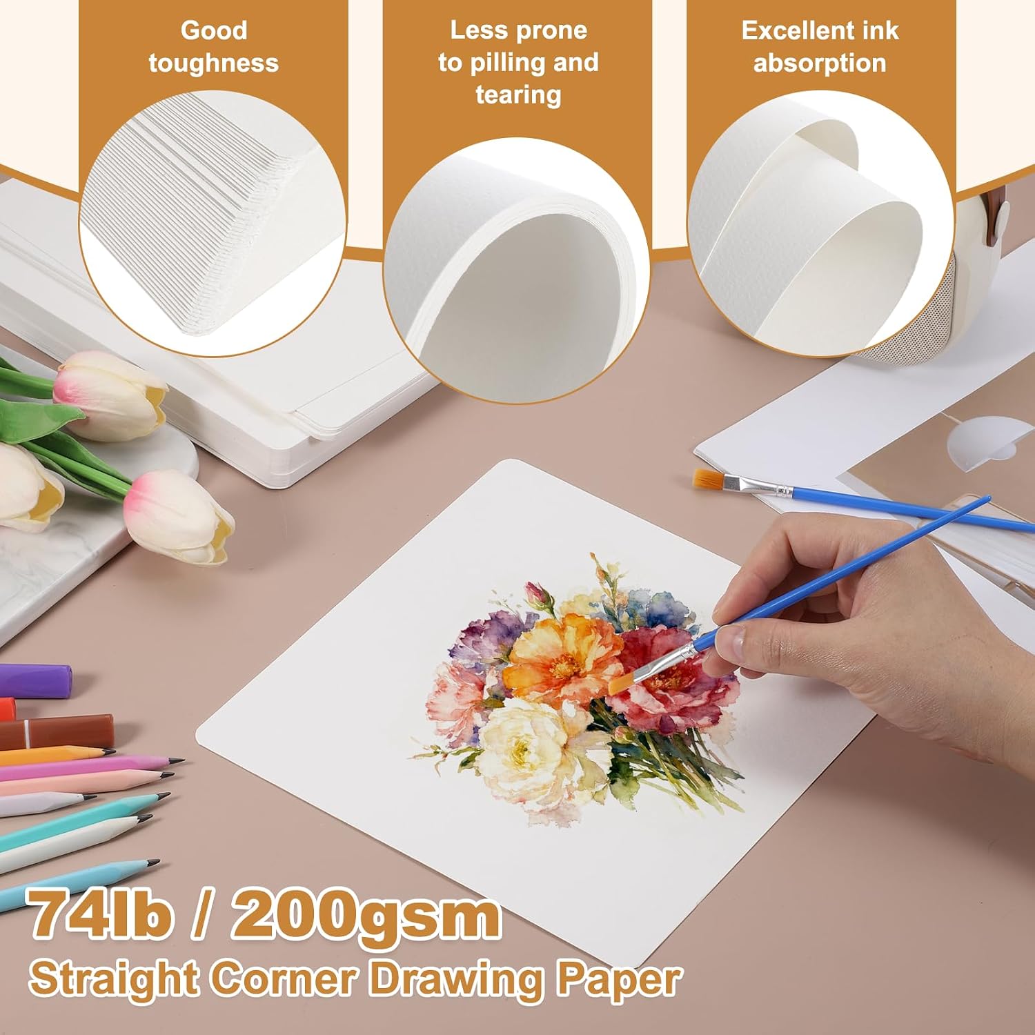 MECCANIXITY 32 Pcs Watercolor Paper 5 x 7 Inch 74lb/200gsm Artist Painting Drawing Paper Bulk Cold Press Water Color Paint Sheet for Sketchbook Journal (Round Corner), White