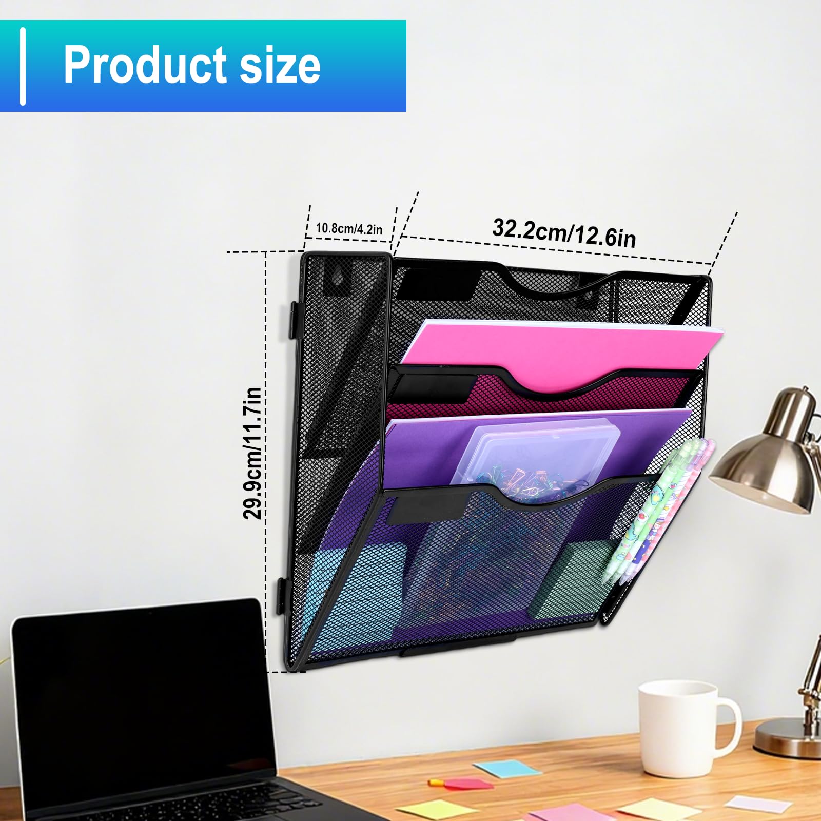 Organizador de archivos de pared de malla A4 de 3 niveles, soporte para documentos y revistas, negro