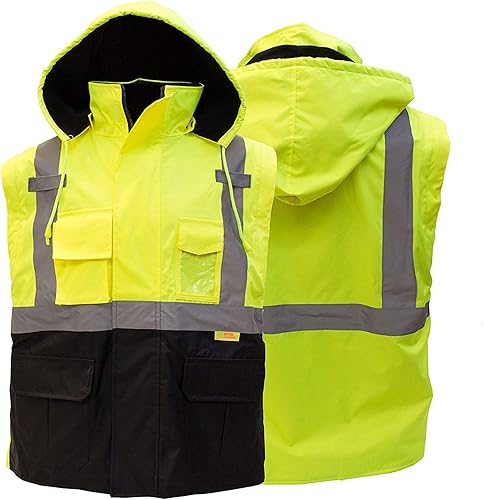 Miniatura 4 de NY Hi-Viz Workwear J8511J8512 Ansi Class 3 - Chaqueta de seguridad de alta visibilidad con cremallera, bolsillo de PVC, parte inferior negra