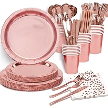 Rose Gold Birthday Party Favors for Women Rose Gold Plates and Napkins Party Supplies,Disposable Paper Plates and Cups Set for First Day of School,Bridal Shower,Baby Showers,Christmas, Serves 20