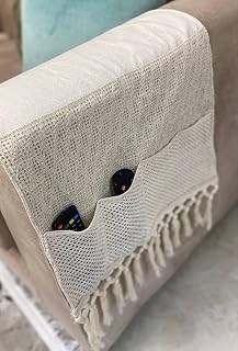 جيني منظم كتان لجهاز التحكم عن بعد مع شراشيب، علبة تخزين الكتب، بيج، تصميم جيب شبكي، 100 × 50 سم