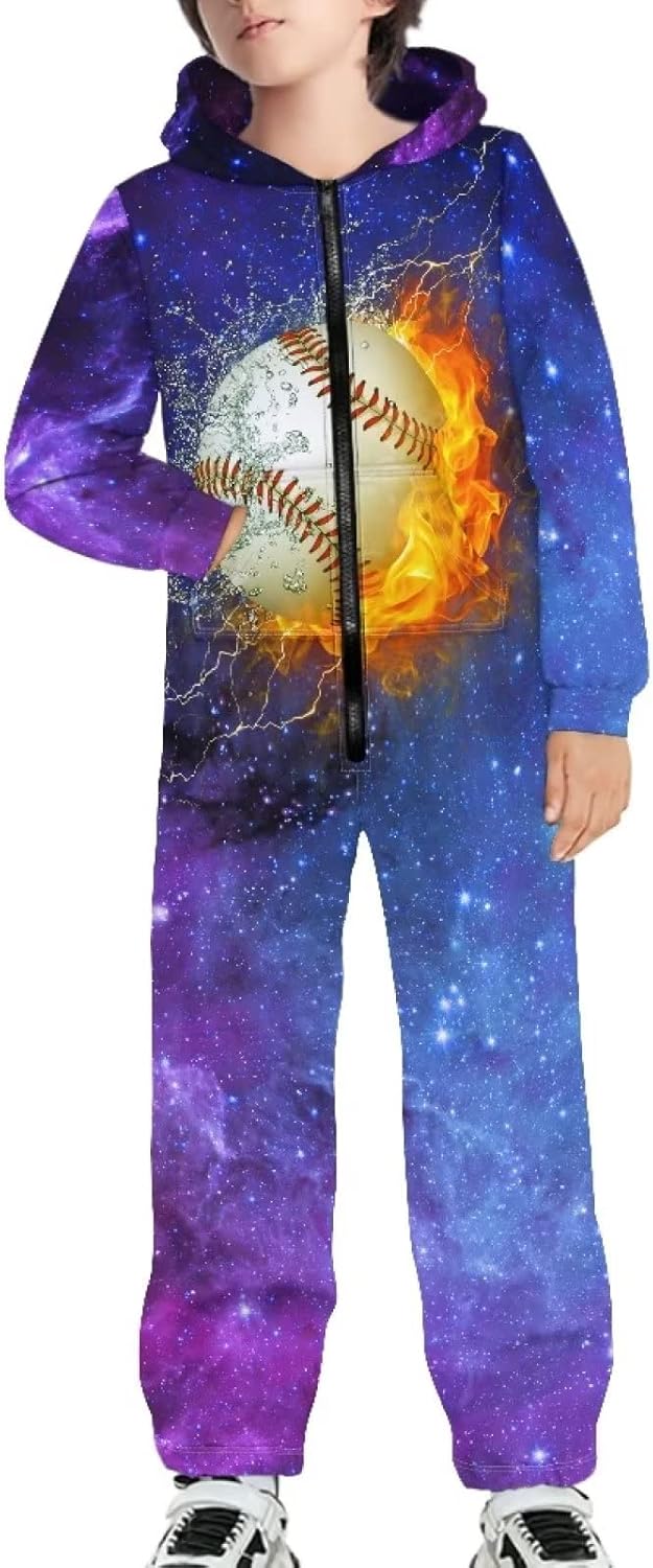Biyejit Unisex Kids Jumpsuits Novelty Printed Zip Up Hoodie Onesie Rompers for Boys Girls 7-16 Years