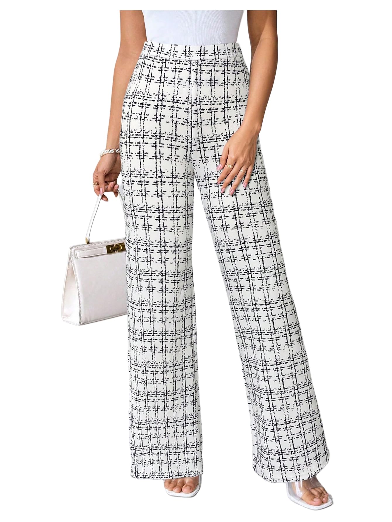 Floerns Womens Plaid Flare Pants Elastic High Waisted Bell Bottom Old Money Trousers Business Casual Outfits