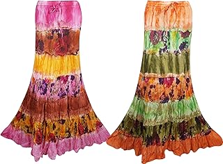 Mogul Interior 2pc Womens Retro Skirts Printed A-Line Flirty Bohemian Long Skirts M/L Pink,Green