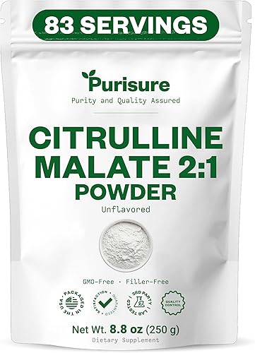 Purisure L-Citrulina en polvo 8.82 oz, suplemento de malato de citrulina 2:1 de alta calidad para rendimiento de fuerza y energía, polvo de malato